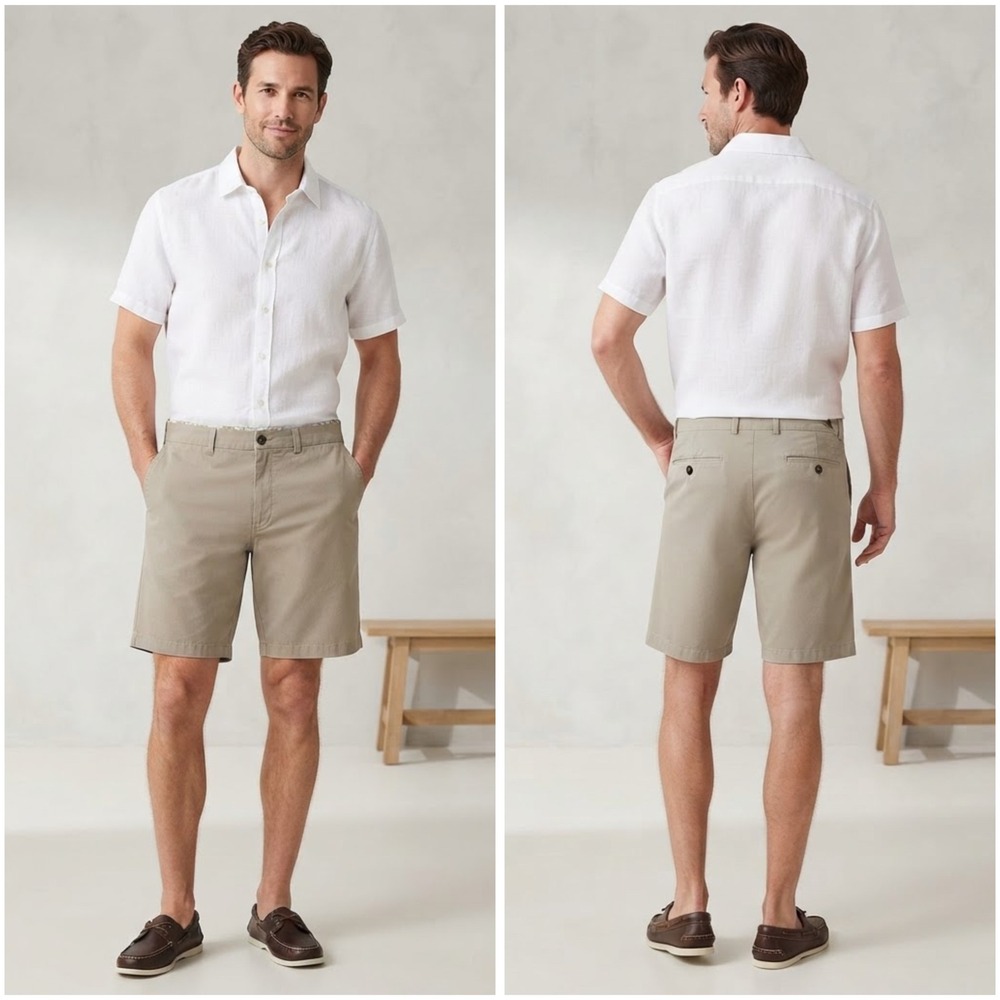 Tommy Bahama Mens 36 Khaki Beige Silk Cotton Flat Front Chino Shorts Marlin